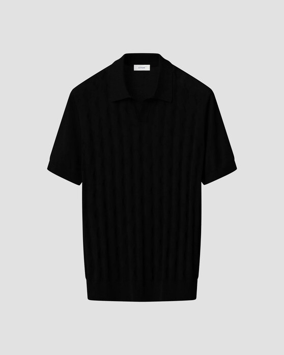 Eton Silk Cotton Open Collar Fine Knit Pattern Polo Zwart