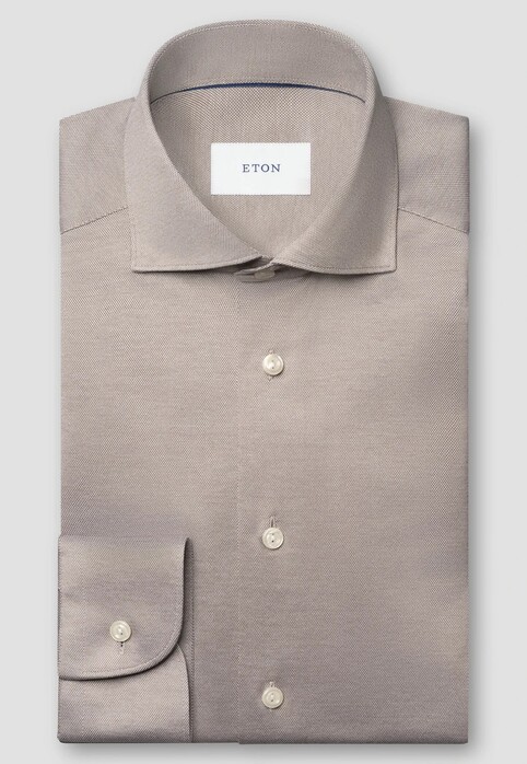 Eton Solid Color Filo di Scozia Cotton Jersey Jacquard Knit Overhemd Beige