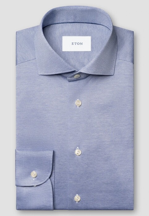 Eton Solid Color Filo di Scozia Cotton Jersey Jacquard Knit Overhemd Blauw