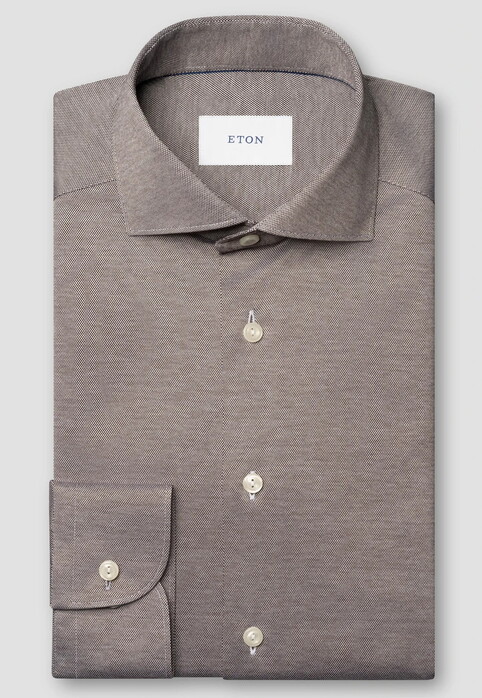Eton Solid Color Filo di Scozia Cotton Jersey Jacquard Knit Overhemd Bruin