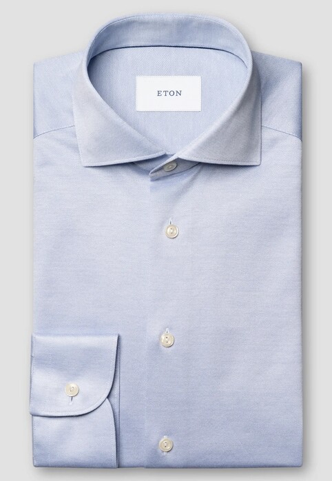 Eton Solid Color Filo di Scozia Cotton Jersey Jacquard Knit Overhemd Licht Blauw