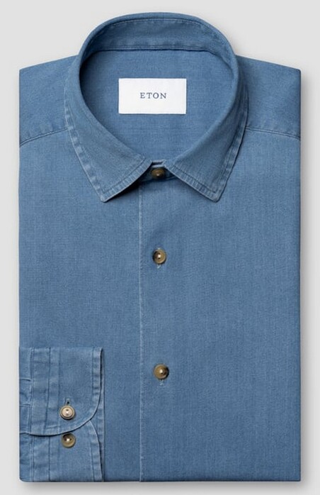 Eton Solid Color Lightweight Denim Stretch Shirt Blue