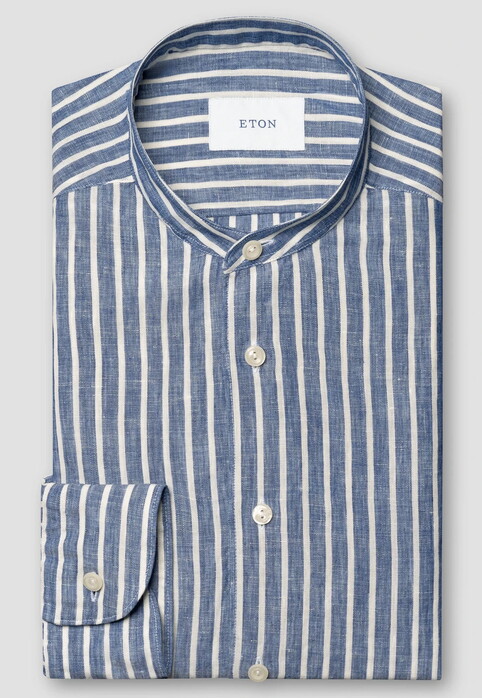 Eton Striped Soft Touch Linnen Band Collar Overhemd Blauw