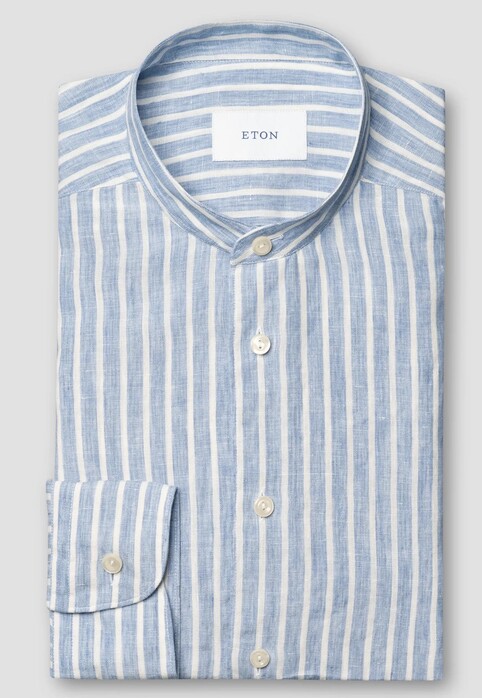 Eton Striped Soft Touch Linnen Band Collar Overhemd Licht Blauw