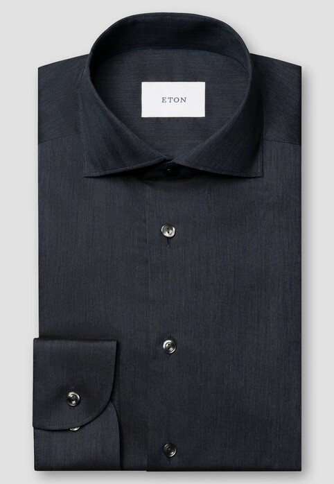 Eton Subtle Texture Herringbone Brushed Cotton Signature Flanel Overhemd Navy