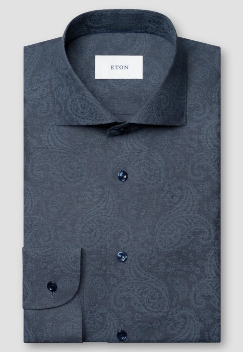 Eton Subtle Tone-on-Tone Paisley Pattern Fine Twill Overhemd Navy