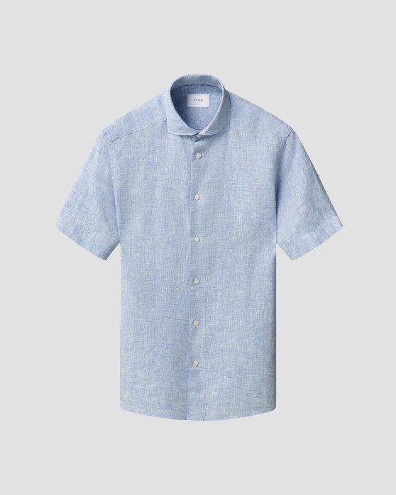 Eton Subtle Uni Lightweight Linnen Garment Washed Short Sleeve Overhemd Licht Blauw