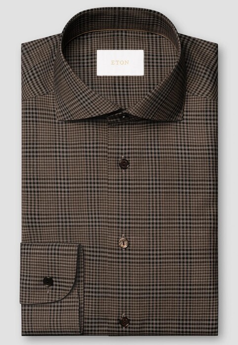 Eton Super 120s Merino Wool Allover Mini Check Overhemd Donker Bruin