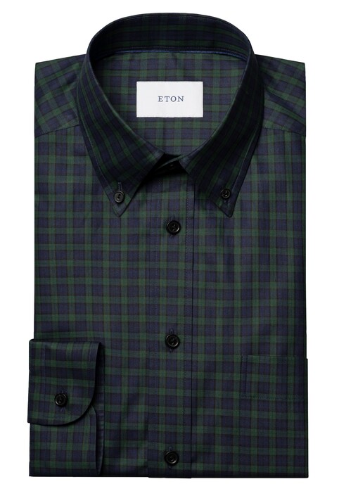 Eton Tartan Plaid Check Organic Cotton Twill Button-Down Overhemd Navy-Groen