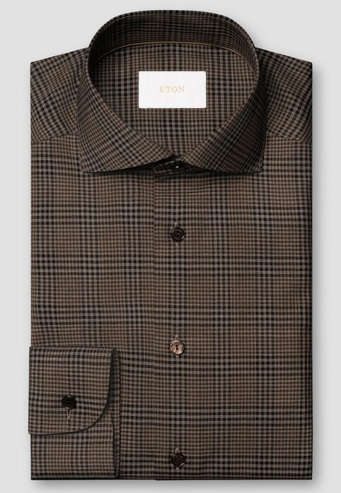 Eton Tonal Check Pattern Ultra-Soft Reda 120s Merino Wool Overhemd Donker Bruin