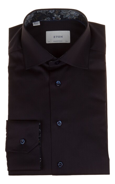 Eton Uni Color Floral Contrast Details Organic Cotton Signature Twill Overhemd Navy