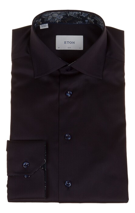 Eton Uni Color Floral Contrast Fabric Organic Cotton Signature Twill Overhemd Navy