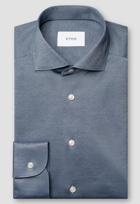 Eton Uni Color Merceized Filo di Scozia Jersey Jacquard Knit Overhemd Dark Blue Melange