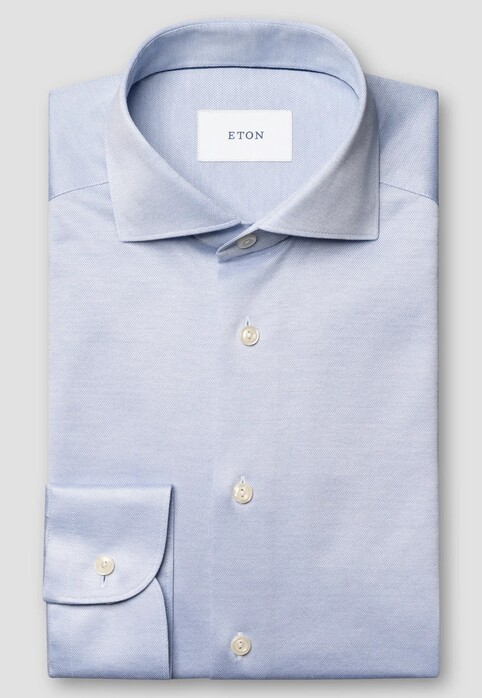 Eton Uni Color Merceized Filo di Scozia Jersey Jacquard Knit Overhemd Licht Blauw