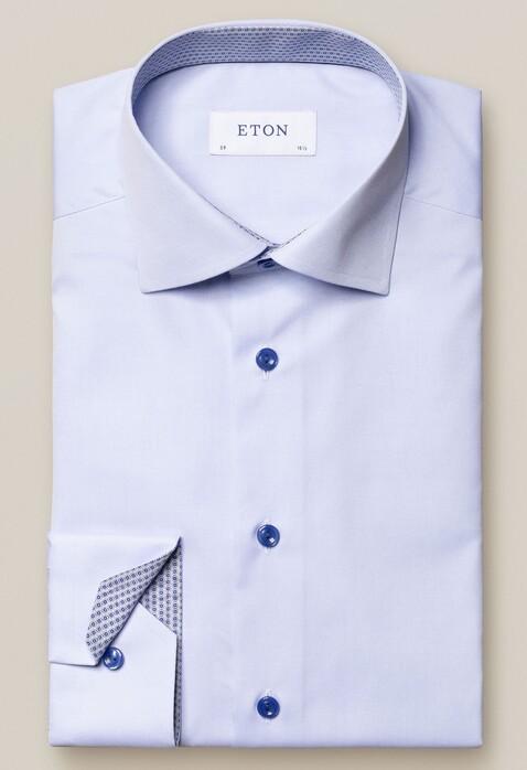 Eton Uni Poplin Fine Contrast Overhemd Licht Blauw