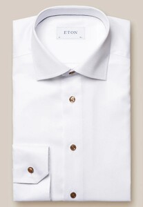 Eton Uni Subtle Texture Signature Twill Brown Contrast Details Overhemd Wit
