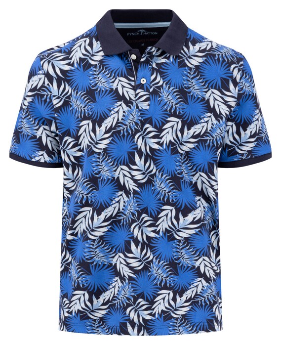 Fynch-Hatton Allover Leaves Pattern Polo Navy-Blauw