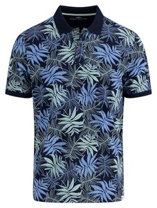 Fynch-Hatton Allover Leaves Pattern Slub Cotton Poloshirt Navy-Blue