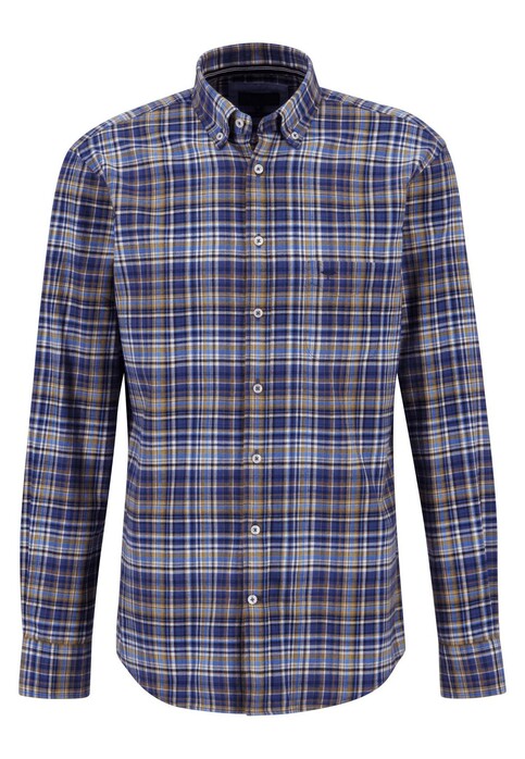 Fynch-Hatton Allover Mini Flanel Checks Button Down Overhemd Camel-Blue