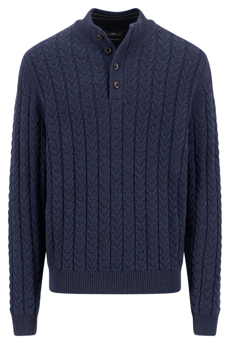 Fynch-Hatton Buttoned Troyer Soft Knit Cable Cotton Wool Blend Pullover Navy