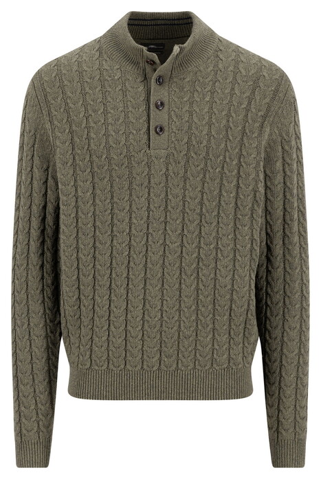 Fynch-Hatton Buttoned Troyer Soft Knit Cable Cotton Wool Blend Trui Donker Khaki