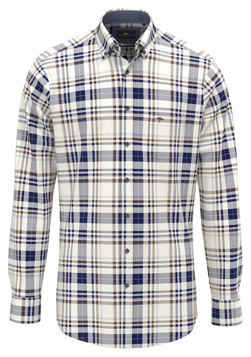Fynch-Hatton Cotton Check Button-Down Overhemd Misty Blue-Brown-White