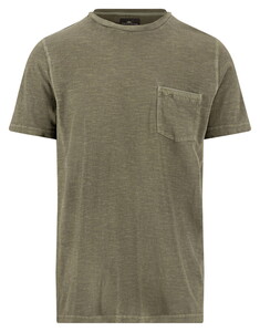 Fynch-Hatton Garment Dyed Cotton Linen Crew Neck Chest Pocket T-Shirt Dark Khaki