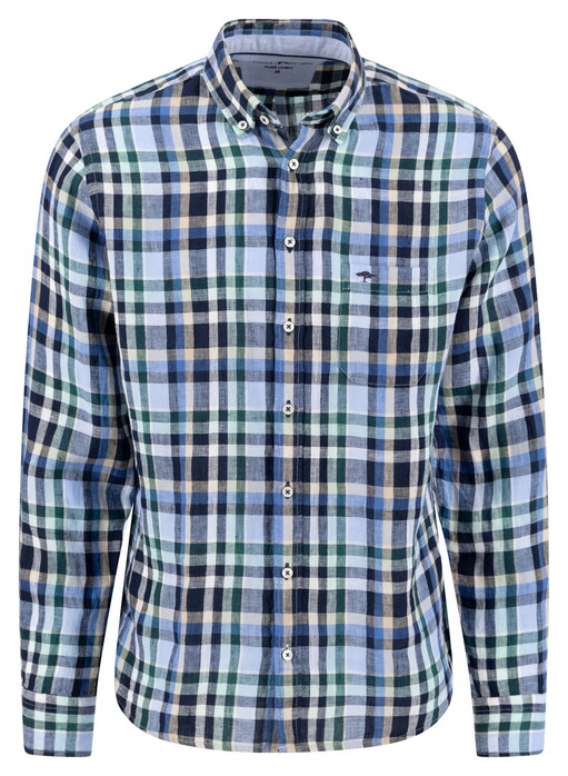 Fynch-Hatton Linen Check Button-Down Shirt Pine Green-Blue