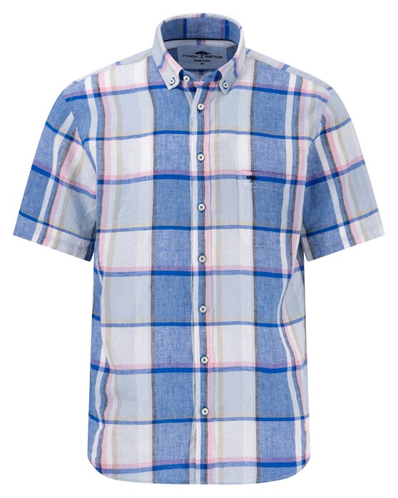 Fynch-Hatton Linnen Colorful Bold Multi Check Short Sleeve Overhemd Strong Blue