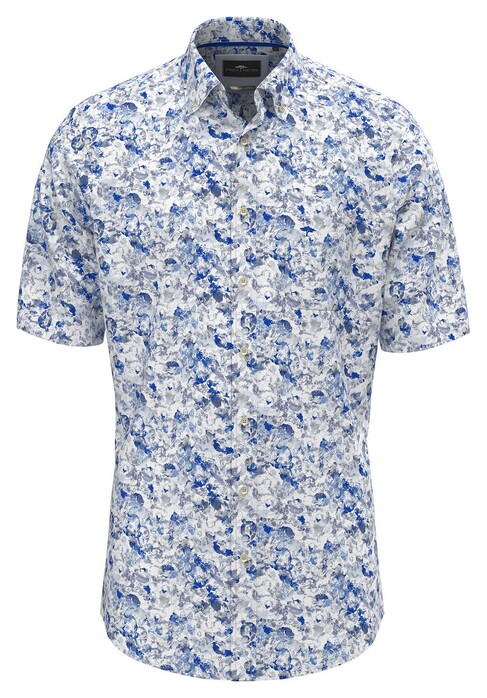 Fynch-Hatton Modern Pattern Short Sleeve Button-Down Overhemd Strong Blue