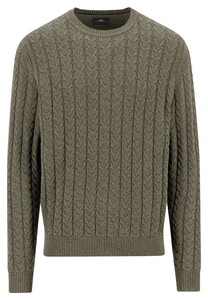 Fynch-Hatton O-Neck Soft Knit Cable Trui Donker Khaki