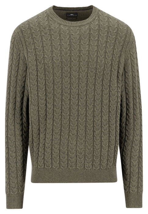 Fynch-Hatton O-Neck Soft Knit Cable Trui Donker Khaki