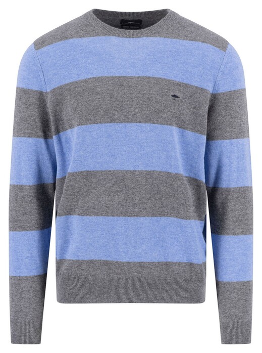 Fynch-Hatton O-Neck Stripe Merino Cashmere Trui Steel-Blue