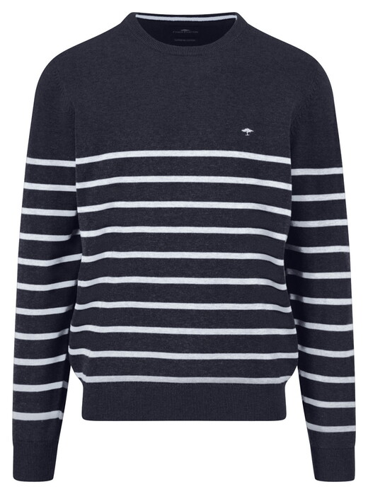 Fynch-Hatton O-Neck Stripe Superfine Cotton Knit Trui Navy