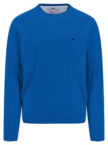 Fynch-Hatton O-Neck Superfine Cotton Cable Knit Pullover Strong Blue