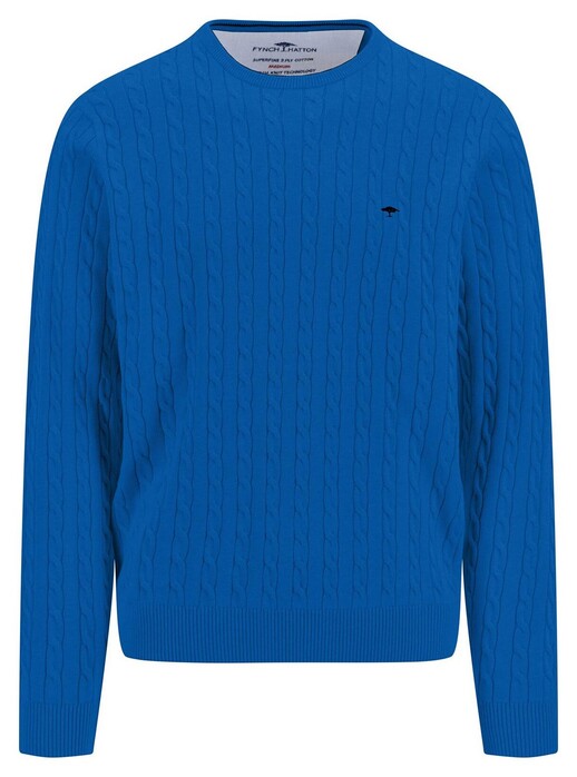 Fynch-Hatton O-Neck Superfine Cotton Cable Knit Trui Strong Blue
