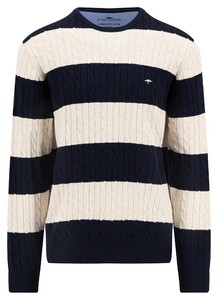 Fynch-Hatton O-Neck Superfine Cotton Striped Cable Knit Trui Navy-Off White
