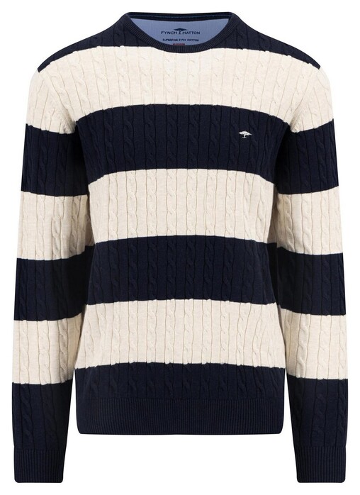 Fynch-Hatton O-Neck Superfine Cotton Striped Cable Knit Trui Navy-Off White
