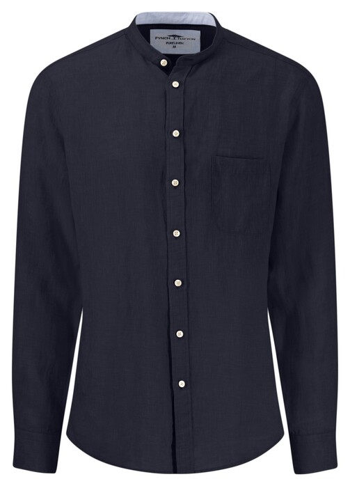 Fynch-Hatton Premium Linnen Solid Color Stand-Up Collar Overhemd Navy