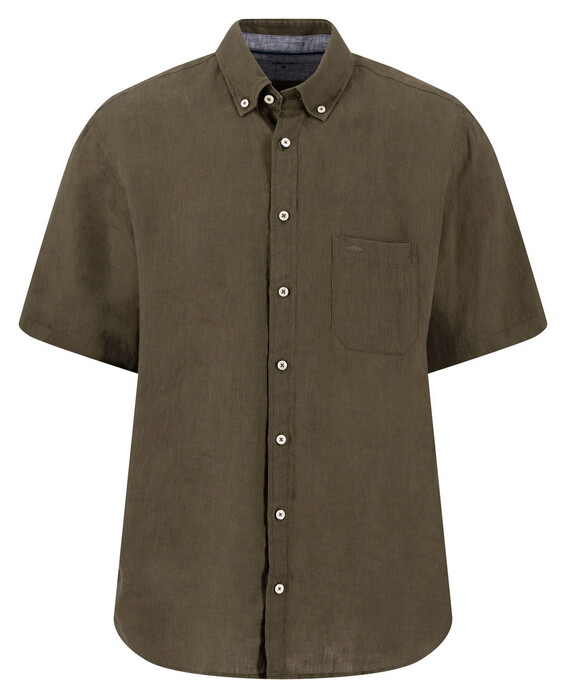 Fynch-Hatton Premium Short Sleeve Linnen Button-Down Overhemd Donker Khaki