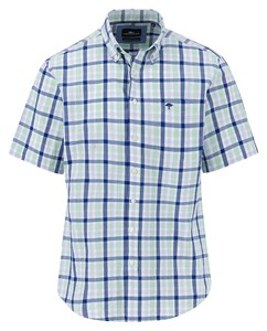 Fynch-Hatton Seersucker Combi Check Short Sleeve Button-Down Overhemd Turf Green-Blue
