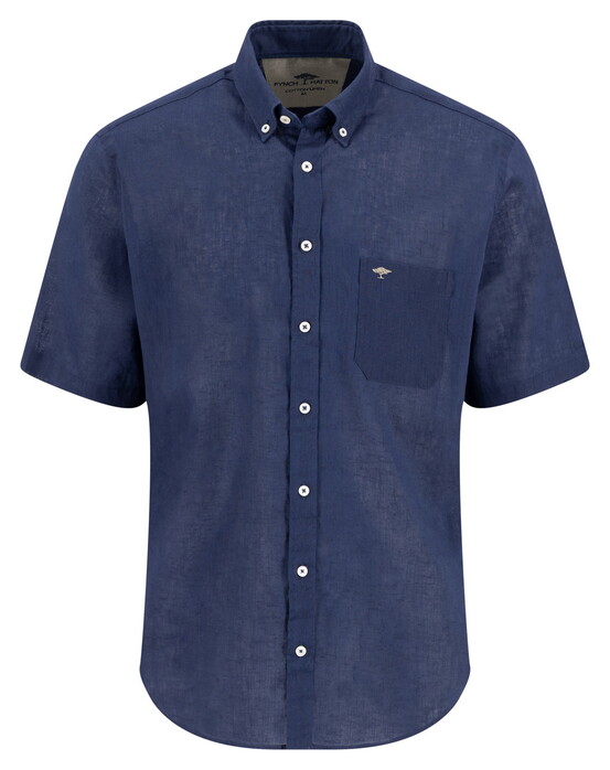 Fynch-Hatton Short Sleeve Linnen Cotton Solid Color Button-Down Overhemd Marine