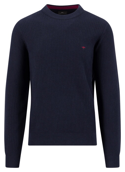 Fynch-Hatton Solid Color O-Neck Cotton Ribbed Knit Trui Navy