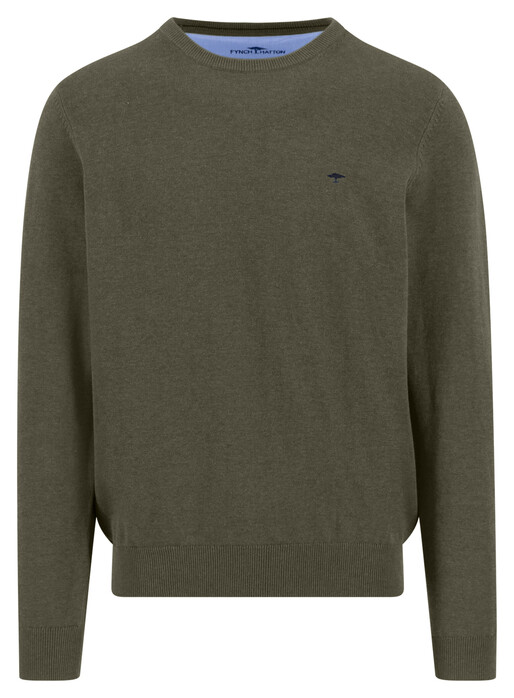 Fynch-Hatton Solid Color O-Neck Superfine Cotton Trui Donker Khaki