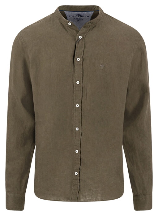 Fynch-Hatton Solid Color Premium Linnen Stand-Up Collar Overhemd Donker Khaki