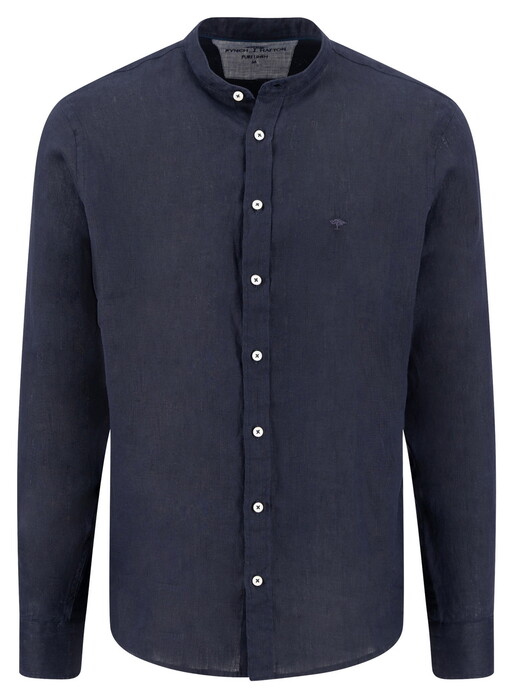 Fynch-Hatton Solid Color Premium Linnen Stand-Up Collar Overhemd Navy