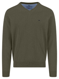 Fynch-Hatton Solid Color Superfine 3-Ply Cotton V-Neck Pullover Dark Khaki