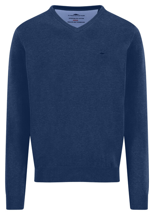 Fynch-Hatton Solid Color Superfine 3-Ply Cotton V-Neck Trui Midnight