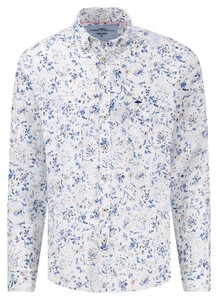 Fynch-Hatton Summer Linnen Mini Floral Pattern Button-Down Overhemd Wit-Blauw