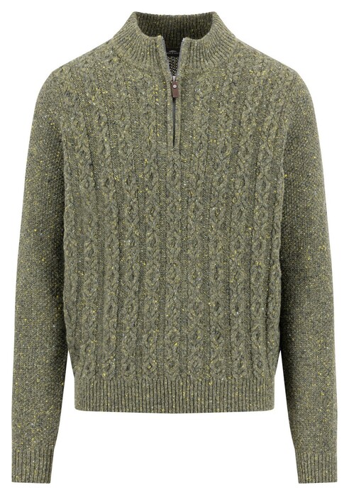 Fynch-Hatton Troyer Zip Cable Knit Donegal Pullover Dark Ivy